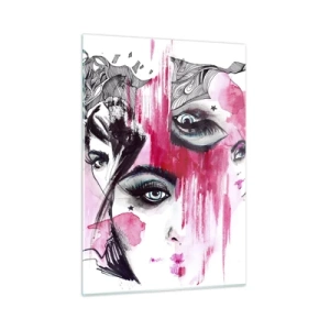 Glasbild - Bild auf glas - Abstrakte weibliche Gesichter mit rosa Akzenten im Skizzenstil. - 50x70cm - Abstrakte Augen - Moderne Wanddekoration für Wohnzimmer und Schlafzimmer ARTTOR