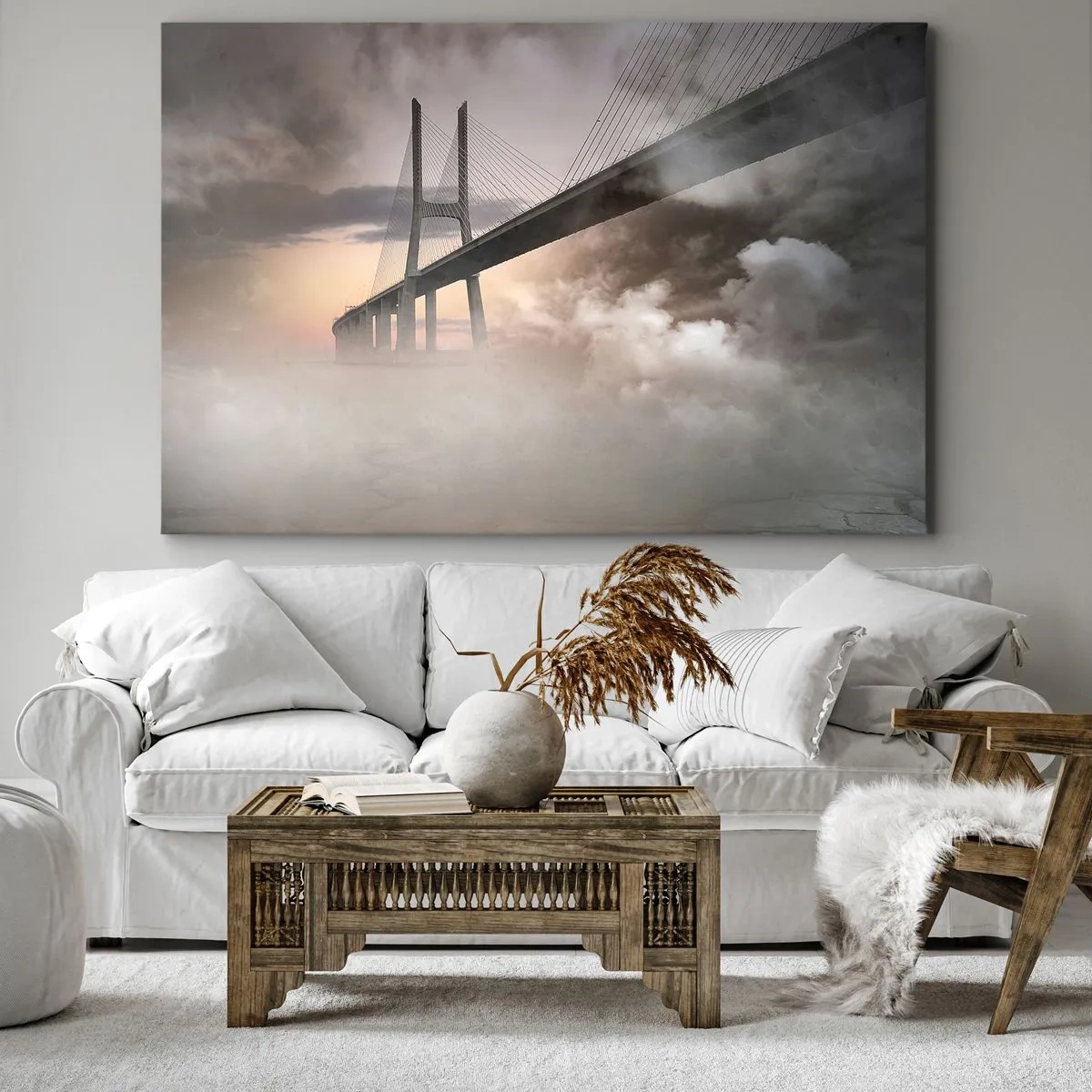 Bild auf Leinwand - Leinwandbild - Eine Brücke über einen Fluss, umgeben von Nebel am Morgen - 120x80cm - Auf dem Fluss, den es nicht gibt - Moderne Wanddekoration für Wohnzimmer und Schlafzimmer ARTTOR