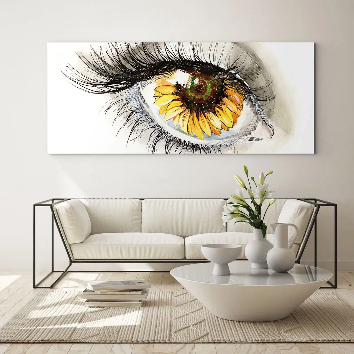 Glasbild - Bild auf glas - Künstlerisches Auge mit sonnenblumenförmiger Iris - 120x50cm - Ein Look so heiß wie der Sommer - Moderne Wanddekoration für Wohnzimmer und Schlafzimmer ARTTOR