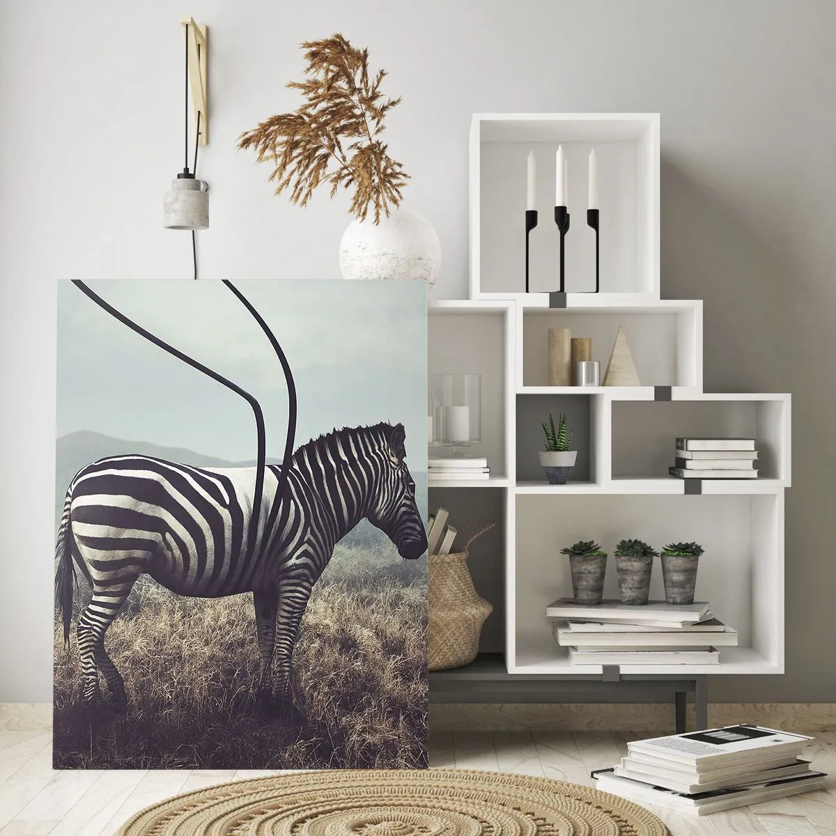 Glasbild - Bild auf glas - Ein surreales Zebra vor einer grasbewachsenen Landschaft - 80x120cm - Achtung! Fehler - Moderne Wanddekoration für Wohnzimmer und Schlafzimmer ARTTOR