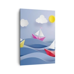 Bild auf Leinwand - Leinwandbild - Bunte Segelboote auf den Wellen an einem sonnigen Tag - 70x100cm - Ach, wie schön ist es, in den Wellen zu schwingen - Moderne Wanddekoration für Wohnzimmer und Schlafzimmer ARTTOR