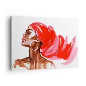 Bild auf Leinwand - Leinwandbild - Profil einer Frau mit rotem Turban und Ohrringen - 70x50cm - Es weht ein Wind, der die Nase eines Mannes öffnet - Moderne Wanddekoration für Wohnzimmer und Schlafzimmer ARTTOR