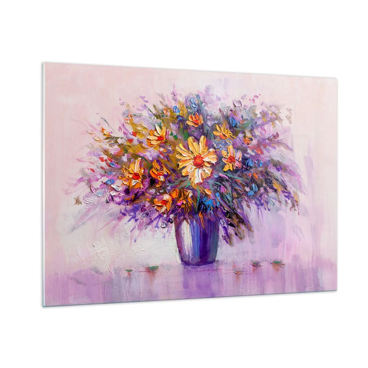 Glasbild - Bild auf glas - Ein Strauß bunter Blumen in einer Vase auf pastellfarbenem Hintergrund - 100x70cm - Es riecht süß, sieht süß aus - Moderne Wanddekoration für Wohnzimmer und Schlafzimmer ARTTOR