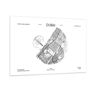 Glasbild - Bild auf glas - Eine minimalistische Karte von Dubai im Schwarz-Weiß-Stil. - 120x80cm - Anatomie von Dubai - Moderne Wanddekoration für Wohnzimmer und Schlafzimmer ARTTOR