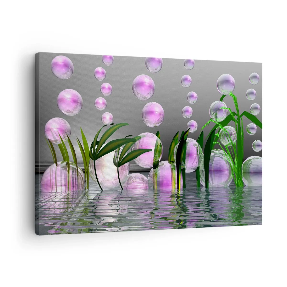 Bild auf Leinwand - Leinwandbild - Grüne Blätter und rosa Blasen über dem Wasser auf grauem Hintergrund - 70x50cm - Eine reflektierende Komposition aus Leichtigkeit und Leben - Moderne Wanddekoration für Wohnzimmer und Schlafzimmer ARTTOR