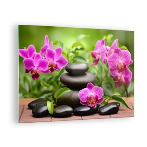Glasbild - Bild auf glas - Rosa Orchideen und schwarze Steine in einer ruhigen Umgebung - 70x50cm - Die Pyramide des Friedens - Moderne Wanddekoration für Wohnzimmer und Schlafzimmer ARTTOR