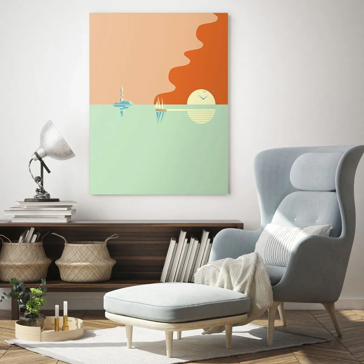 Glasbild - Bild auf glas - Eine minimalistische Meereslandschaft mit einem Segelboot und einem Sonnenuntergang - 80x120cm - Die perfekte Meereslandschaft - Moderne Wanddekoration für Wohnzimmer und Schlafzimmer ARTTOR