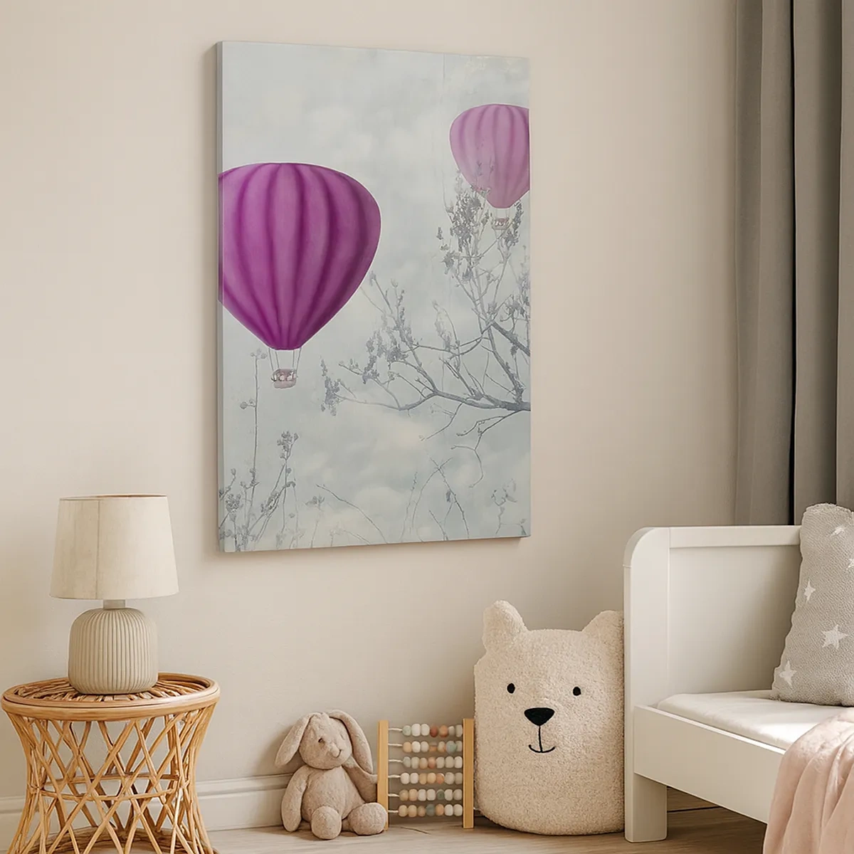 Bild auf Leinwand - Leinwandbild - Lila Ballons schweben über den Bäumen in den Wolken - 50x70cm - Wie Schiffe am Himmel - Moderne Wanddekoration für Wohnzimmer und Schlafzimmer ARTTOR
