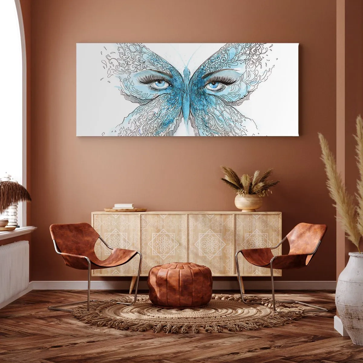 Bild auf Leinwand - Leinwandbild - Künstlerisches Aquarell eines Schmetterlings mit blauen Augen - 140x50cm - Eros Blaumeise - Moderne Wanddekoration für Wohnzimmer und Schlafzimmer ARTTOR