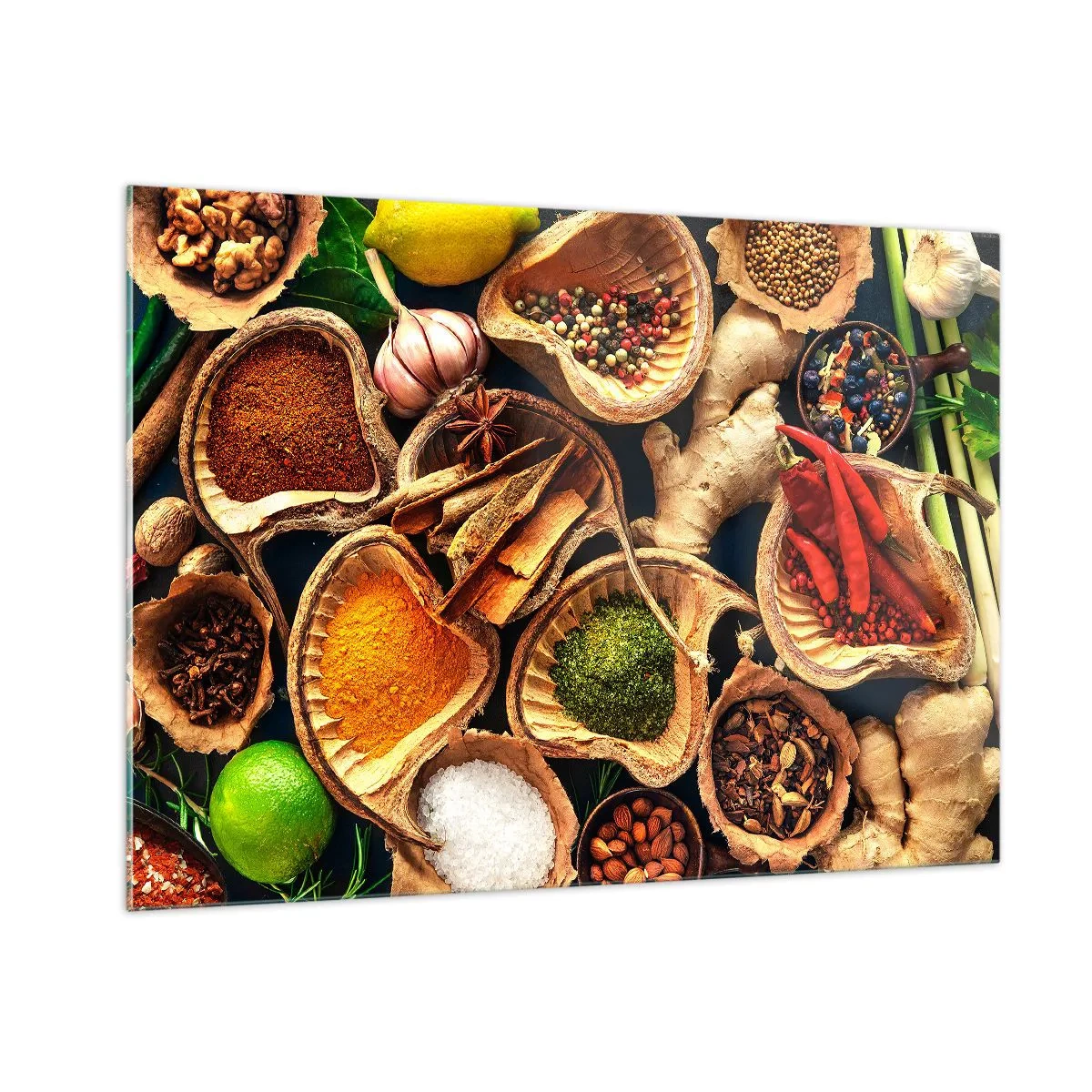 Glasbild - Bild auf glas - Bunte Gewürze in natürlichen Behältern mit Zusätzen - 100x70cm - Nimm was du willst - Moderne Wanddekoration für Wohnzimmer und Schlafzimmer ARTTOR