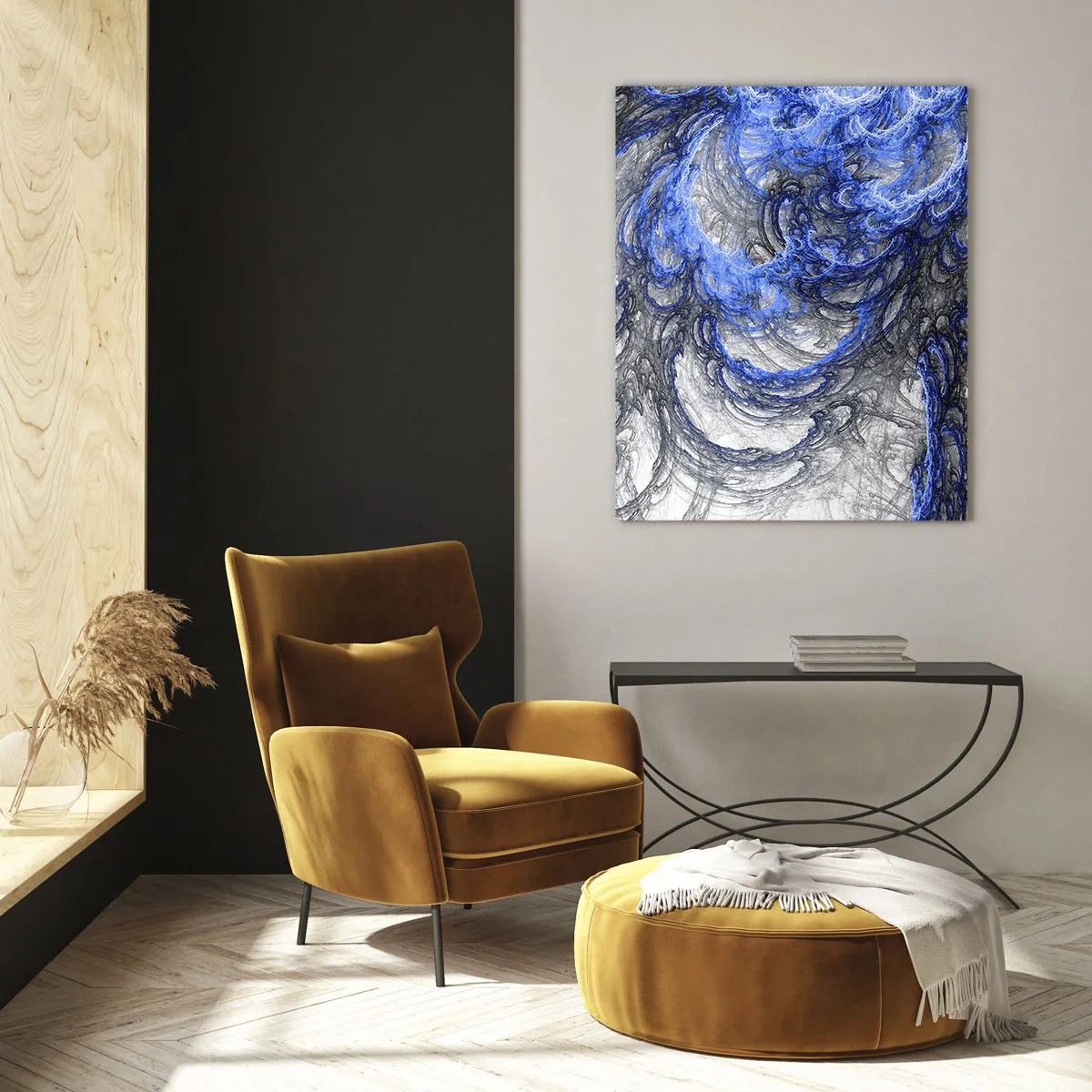 Glasbild - Bild auf glas - Dynamische Abstraktion in Blau- und Grautönen - 50x70cm - Die Geburt einer Welle - Moderne Wanddekoration für Wohnzimmer und Schlafzimmer ARTTOR