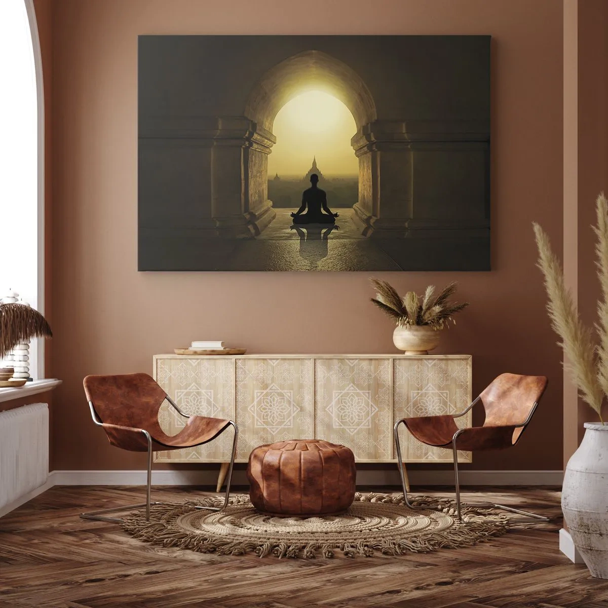 Bild auf Leinwand - Leinwandbild - Silhouette einer meditierenden Person im Licht der untergehenden Sonne - 120x80cm - Vollkommene Harmonie - Moderne Wanddekoration für Wohnzimmer und Schlafzimmer ARTTOR