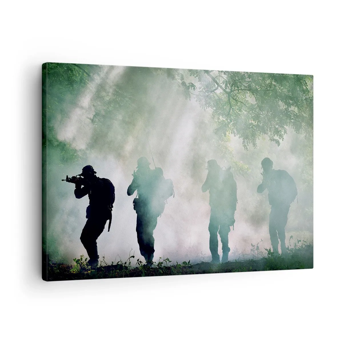 Bild auf Leinwand - Leinwandbild - Silhouetten von Soldaten in einem Wald, umgeben von Nebel - 70x50cm - Einer für alle… - Moderne Wanddekoration für Wohnzimmer und Schlafzimmer ARTTOR
