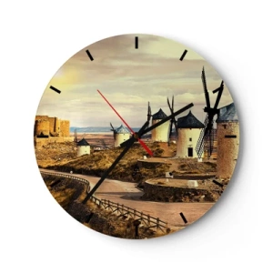 Wanduhr - Glasuhr - Windmühlen auf den Hügeln von La Mancha - 30x30cm - Don Quijote kommt gleich - Moderne Wanddekoration für Wohnzimmer, Küche und Schlafzimmer ARTTOR