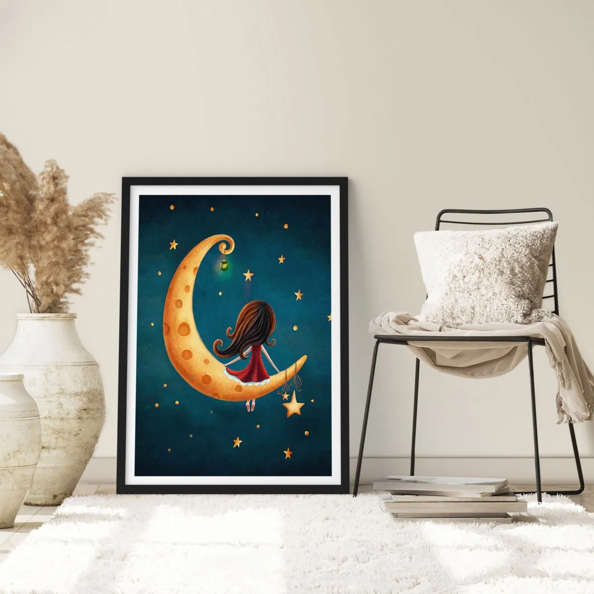 Poster in einem schwarzem Rahmen - Ein Mädchen auf dem Mond, umgeben von Sternen und einer Laterne - 50x70cm - Einmal… - Moderne Wanddekoration für Wohnzimmer und Schlafzimmer ARTTOR