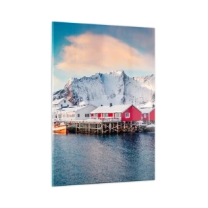 Glasbild - Bild auf glas - Rote Fischerhütten am Fjord mit Bergen im Hintergrund - 50x70cm - Nördlicher Rückzug - Moderne Wanddekoration für Wohnzimmer und Schlafzimmer ARTTOR