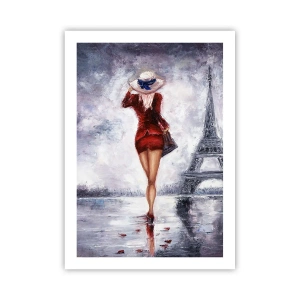 Poster - Eine Frau in einem roten Kleid geht in Richtung Eiffelturm - 50x70cm - Pariser Symbole - Moderne Wanddekoration für Wohnzimmer und Schlafzimmer ARTTOR
