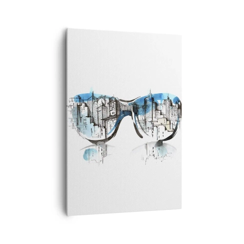 Bild auf Leinwand - Leinwandbild - Aquarell des Stadtpanoramas, das sich in den Gläsern spiegelt - 70x100cm - Großstadt-Chic - Moderne Wanddekoration für Wohnzimmer und Schlafzimmer ARTTOR