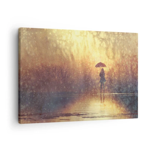 Bild auf Leinwand - Leinwandbild - Eine Figur mit einem Regenschirm in einer nebligen Landschaft voller Reflexionen - 70x50cm - Ich habe das Gefühl, dass mich jemand ansieht - Moderne Wanddekoration für Wohnzimmer und Schlafzimmer ARTTOR