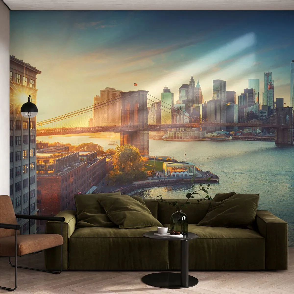 Fototapete Standard Eco - Morgendämmerung der Großstadt - New York, Stadt, Brooklyn Brücke - 350x256 cm