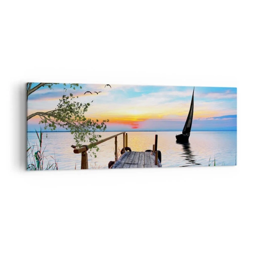 Bild auf Leinwand - Leinwandbild - Seepier mit Boot und Sonnenuntergang - 140x50cm - Guten Abend - Moderne Wanddekoration für Wohnzimmer und Schlafzimmer ARTTOR