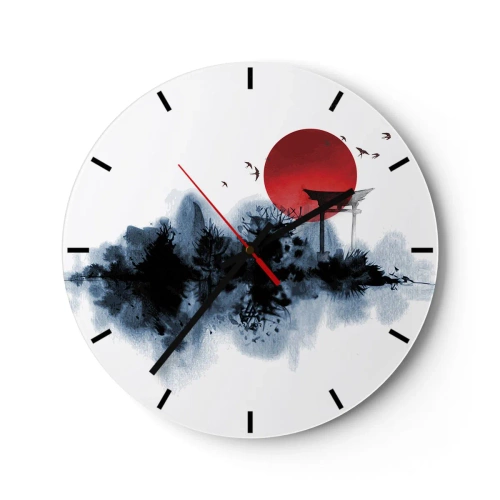Wanduhr - Glasuhr - Eine rote Sonnenkugel und ein Torii-Tor im japanischen Stil über dem Wasser - 30x30cm - Japanische Sicht - Moderne Wanddekoration für Wohnzimmer, Küche und Schlafzimmer ARTTOR