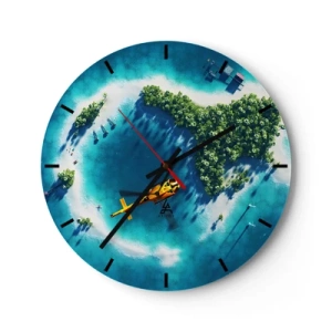 Wanduhr - Glasuhr - Tropische Insel mit Hubschrauber über türkisfarbenem Wasser - 30x30cm - Kauf dir eine Insel - Moderne Wanddekoration für Wohnzimmer, Küche und Schlafzimmer ARTTOR