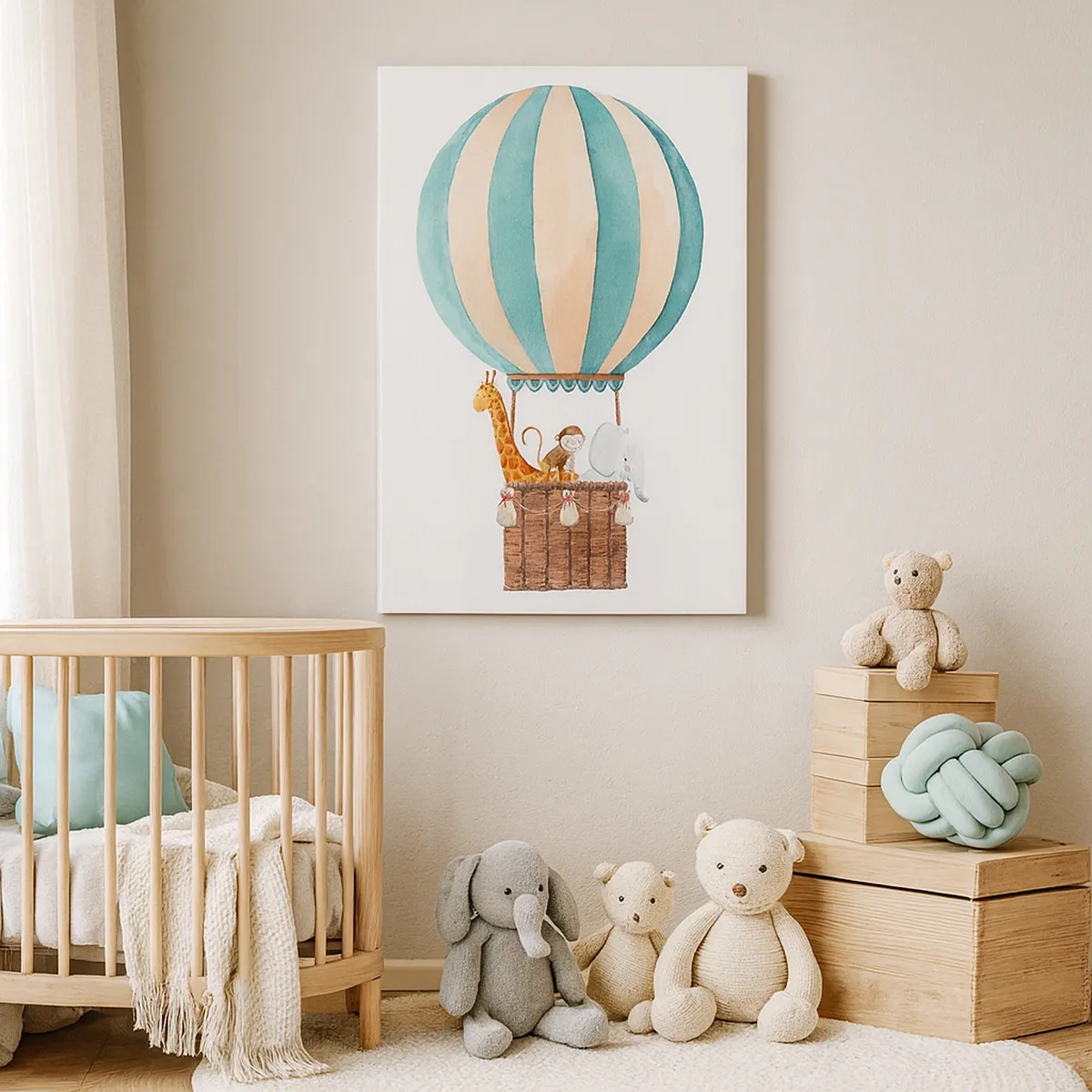 Bild auf Leinwand - Leinwandbild - Ein Ballon mit süßen Tieren in Pastellfarben - 50x70cm - Fantastische Reise - Moderne Wanddekoration für Wohnzimmer und Schlafzimmer ARTTOR