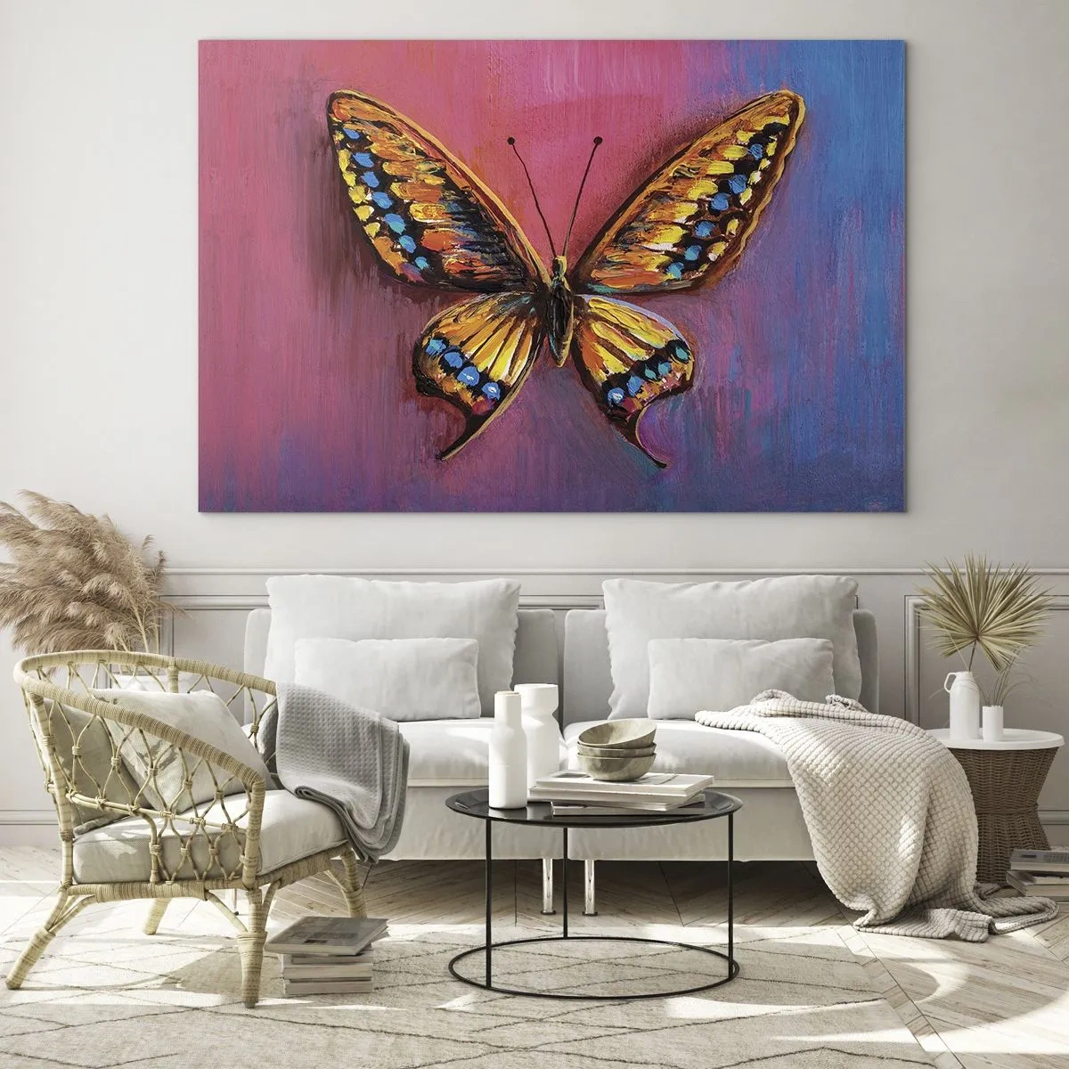Glasbild - Bild auf glas - Ein bunter Schmetterling auf einem Hintergrund in Rosa- und Lilatönen - 70x50cm - Ein Juwel der Natur - Moderne Wanddekoration für Wohnzimmer und Schlafzimmer ARTTOR