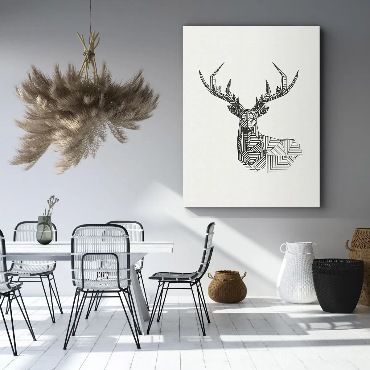 Bild auf Leinwand - Leinwandbild - Geometrisches Bild eines Hirsches im minimalistischen Schwarz-Weiß-Stil - 50x70cm - Ein Hirsch im kubistischen Stil - Moderne Wanddekoration für Wohnzimmer und Schlafzimmer ARTTOR