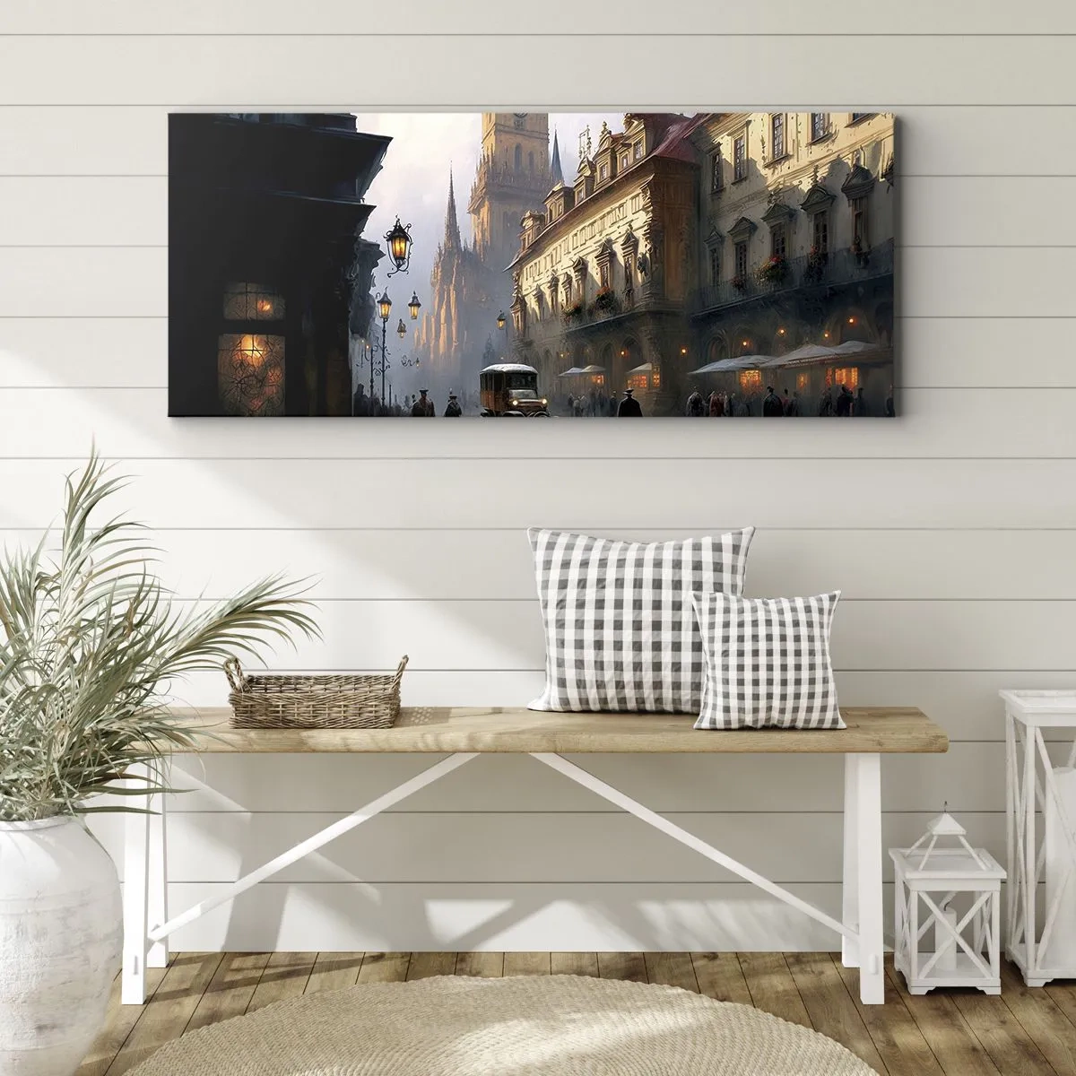 Bild auf Leinwand - Leinwandbild - Abendliche Straßenszene mit historischer Architektur - 140x50cm - Charme eines Prager Abends - Moderne Wanddekoration für Wohnzimmer und Schlafzimmer ARTTOR