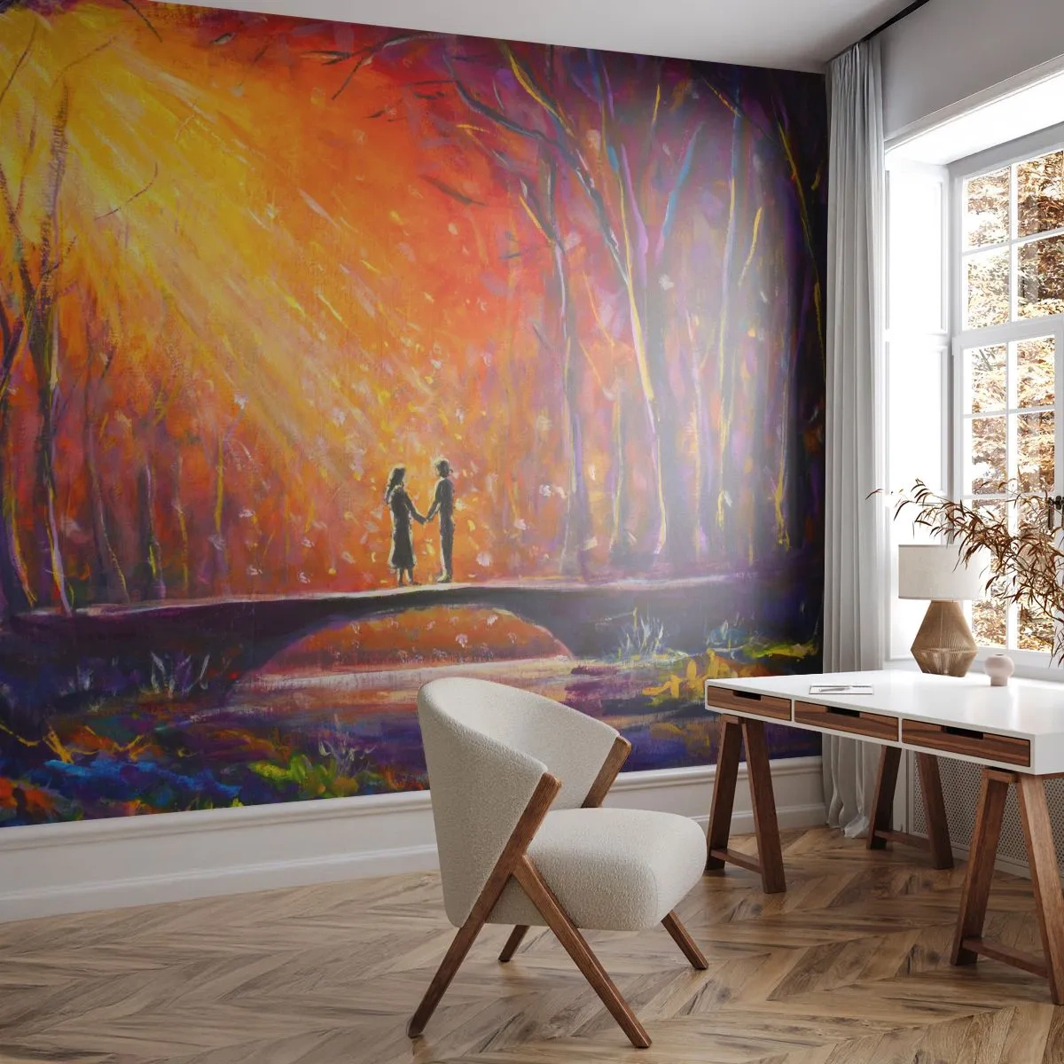 Fototapete Premium Sand - Ein Paar auf einer Brücke in einem Zauberwald bei Sonnenuntergang - 100x70cm - Der Himmel liebt sie auch - Moderne Wanddekoration für Wohnzimmer und Schlafzimmer ARTTOR