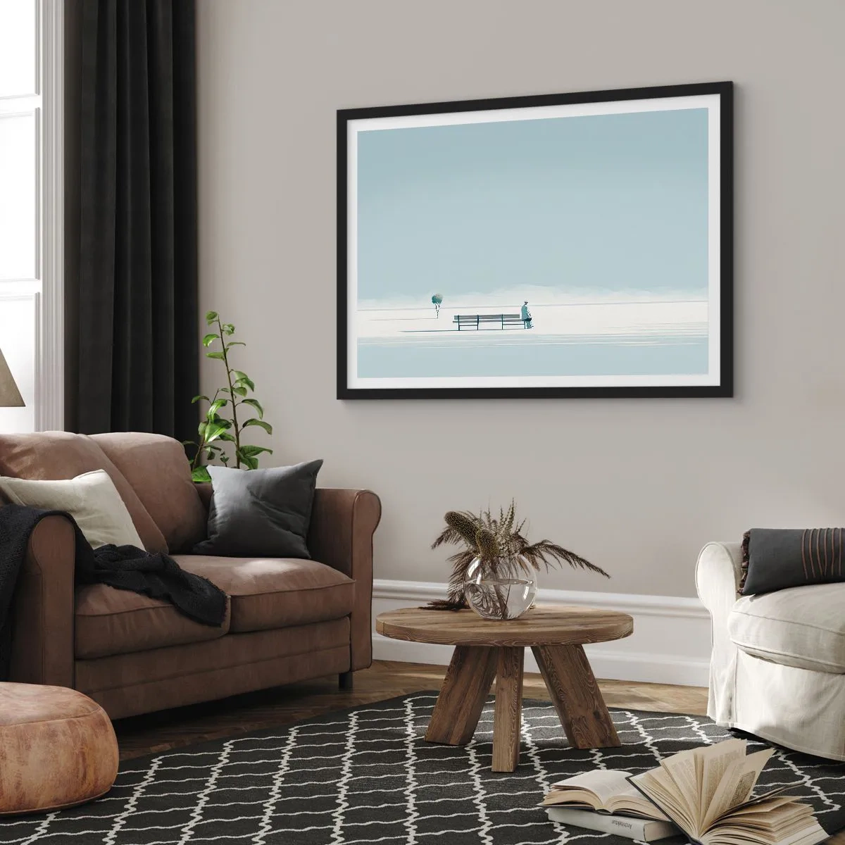 Poster in einem schwarzem Rahmen - Eine Person, die auf einer Bank in einer minimalistischen Landschaft sitzt - 70x50cm - Ja, ich warte. - Moderne Wanddekoration für Wohnzimmer und Schlafzimmer ARTTOR