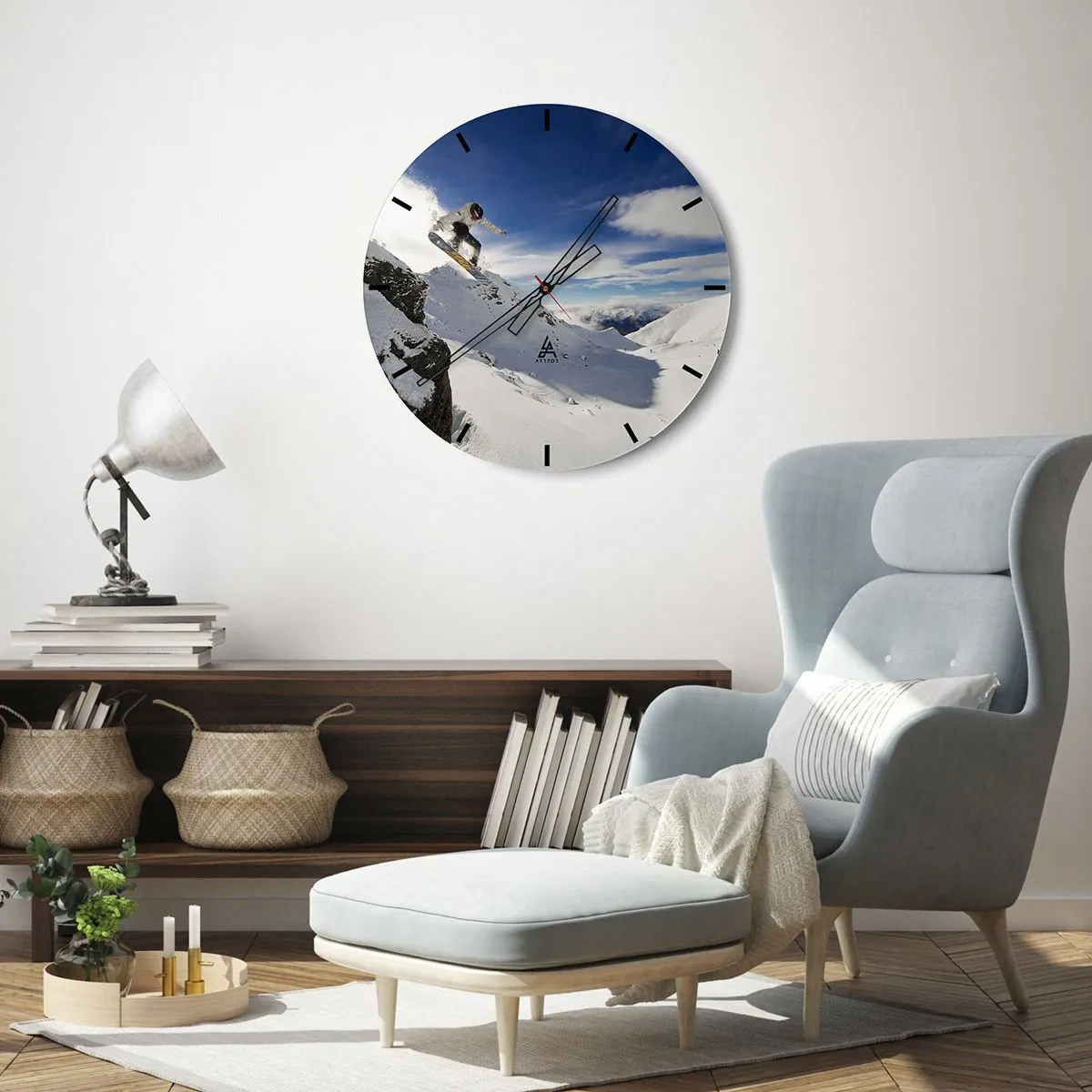 Wanduhr - Glasuhr - Snowboarder in Aktion mit Bergen im Hintergrund - 30x30cm - Freiheit ohne Grenzen - Moderne Wanddekoration für Wohnzimmer, Küche und Schlafzimmer ARTTOR