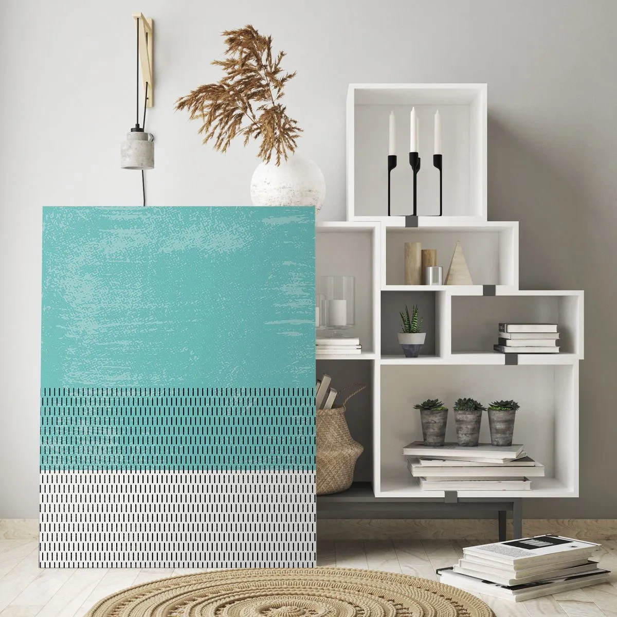 Glasbild - Bild auf glas - Geometrische Komposition mit Türkis und Linien - 70x100cm - Eine ausgewogene Komposition - Moderne Wanddekoration für Wohnzimmer und Schlafzimmer ARTTOR