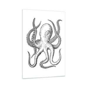 Glasbild - Bild auf glas - Schwarz-weiße Zeichnung eines Oktopus auf weißem Hintergrund im Vintage-Stil - 70x100cm - Mit den Wellen tanzen - Moderne Wanddekoration für Wohnzimmer und Schlafzimmer ARTTOR