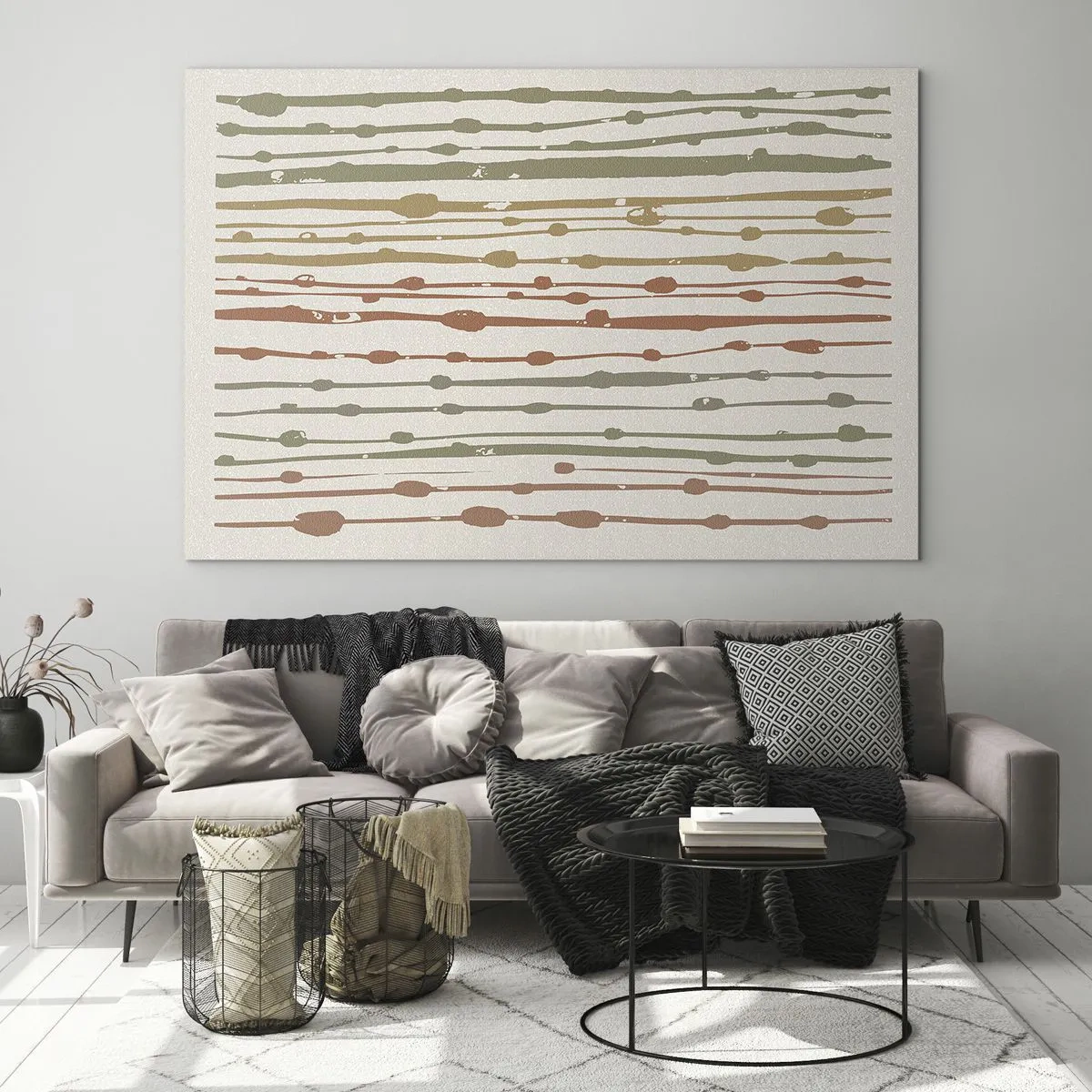 Glasbild - Bild auf glas - Bunte Linien und Punkte bilden eine rhythmische Komposition - 100x70cm - Musikalische Notation von Farben - Moderne Wanddekoration für Wohnzimmer und Schlafzimmer ARTTOR