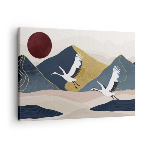 Bild auf Leinwand - Leinwandbild - Kraniche im Flug vor der Kulisse der Berge und einer roten Sonne - 70x50cm - Es ist wieder ein Tag VERFLOGEN - Moderne Wanddekoration für Wohnzimmer und Schlafzimmer ARTTOR