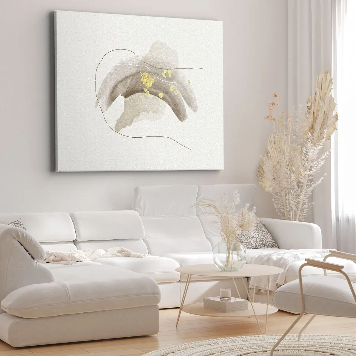 Bild auf Leinwand - Leinwandbild - Eine abstrakte Komposition in Beige- und Goldtönen. - 100x70cm - Im Weltraum begegnet - Moderne Wanddekoration für Wohnzimmer und Schlafzimmer ARTTOR