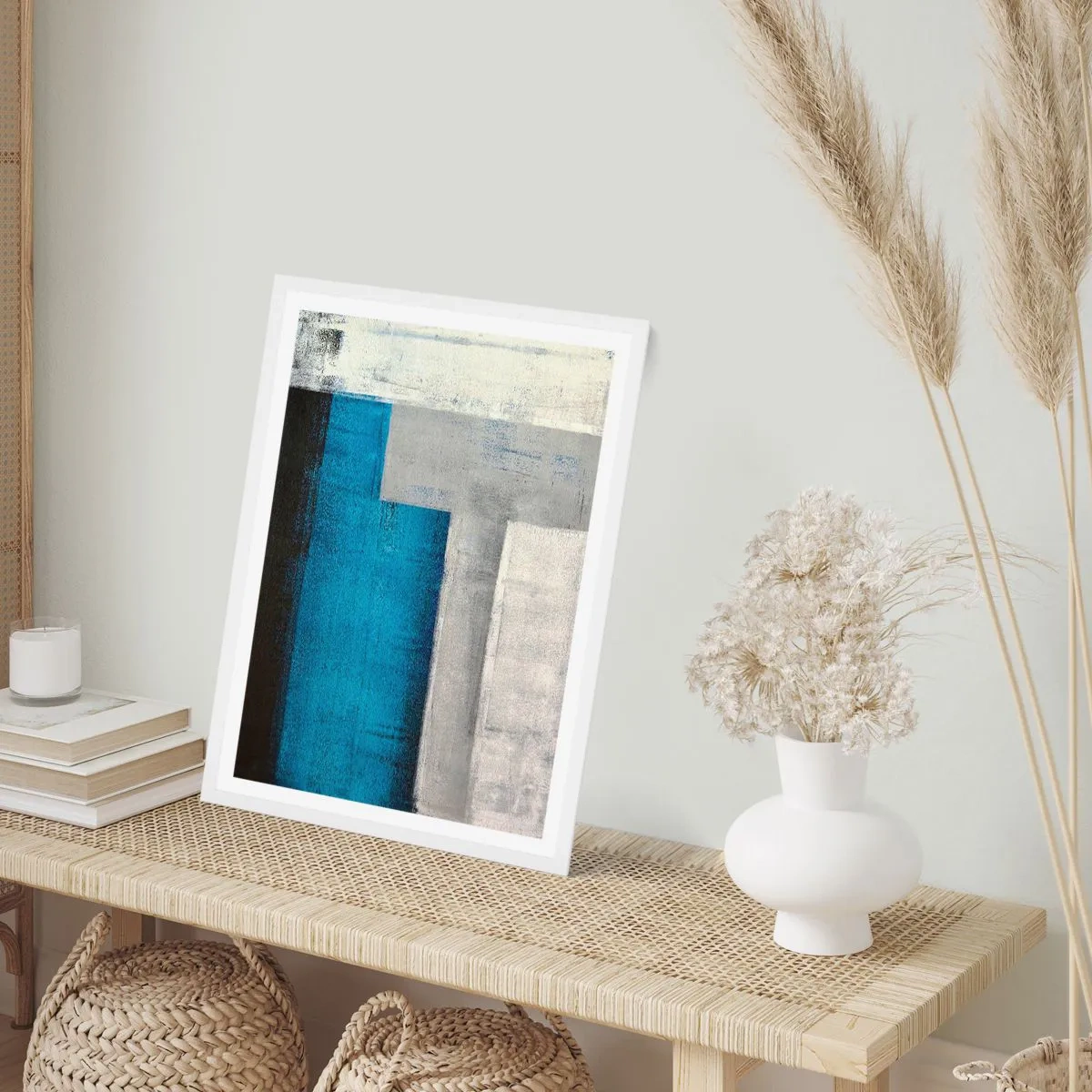 Poster in einem weißen Rahmen - Poetische Komposition aus Grau und Blau - 40x50 cm