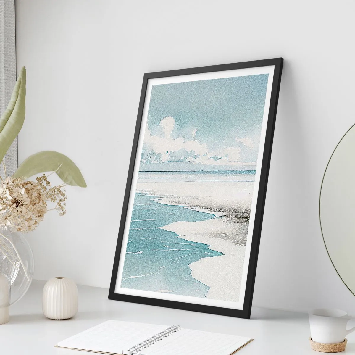 Poster in einem schwarzem Rahmen - Aquarell Küstenlandschaft in Pastelltönen - 50x70cm - Sanfte Flut - Moderne Wanddekoration für Wohnzimmer und Schlafzimmer ARTTOR