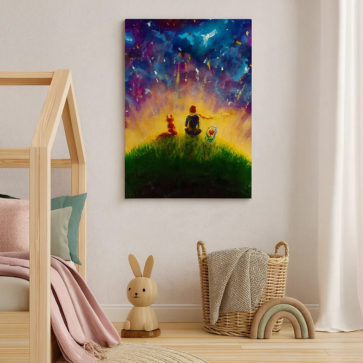 Bild auf Leinwand - Leinwandbild - Figuren auf einem grünen Hügel, umgeben von einem Sternenhimmel - 50x70cm - Liebe und Freundschaft - die ganze Welt - Moderne Wanddekoration für Wohnzimmer und Schlafzimmer ARTTOR