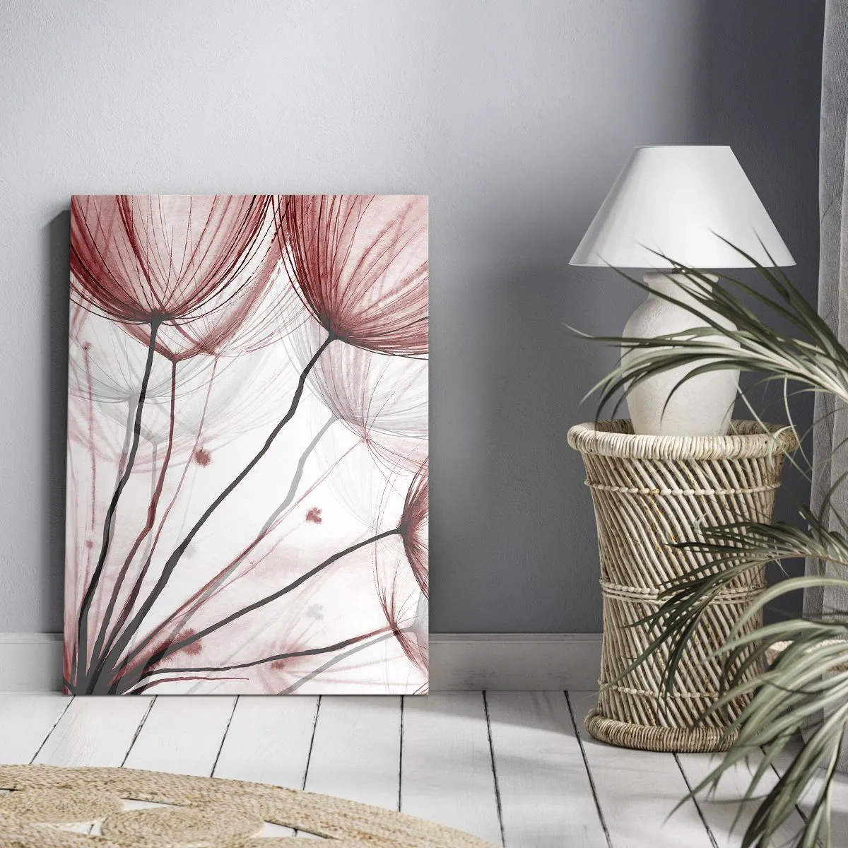 Bild auf Leinwand - Leinwandbild - Zarte Blüten in Rottönen auf hellem Untergrund - 80x120cm - Vor der Abfahrt - Moderne Wanddekoration für Wohnzimmer und Schlafzimmer ARTTOR