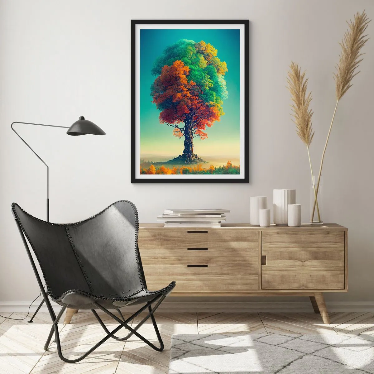 Poster in einem schwarzem Rahmen - Ein Baum in den Farben der vier Jahreszeiten - 50x70cm - Eiche – der Vater der Natur - Moderne Wanddekoration für Wohnzimmer und Schlafzimmer ARTTOR