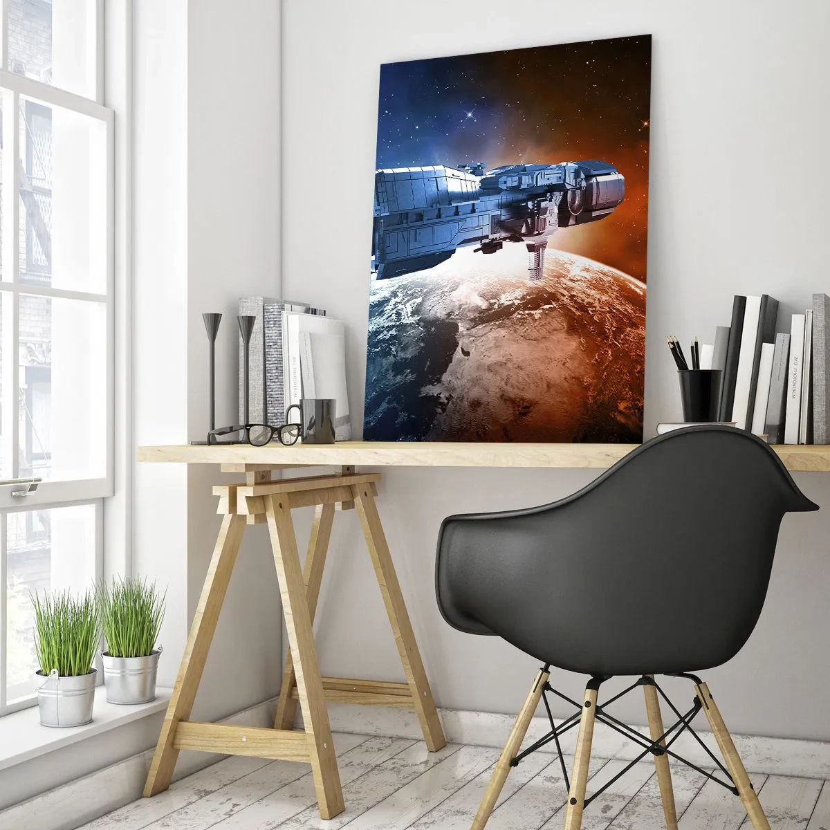 Glasbild - Bild auf glas - Ein Raumschiff vor dem Hintergrund eines Planeten im Weltraum - 70x100cm - Ein aufmerksamer Beobachter - Moderne Wanddekoration für Wohnzimmer und Schlafzimmer ARTTOR