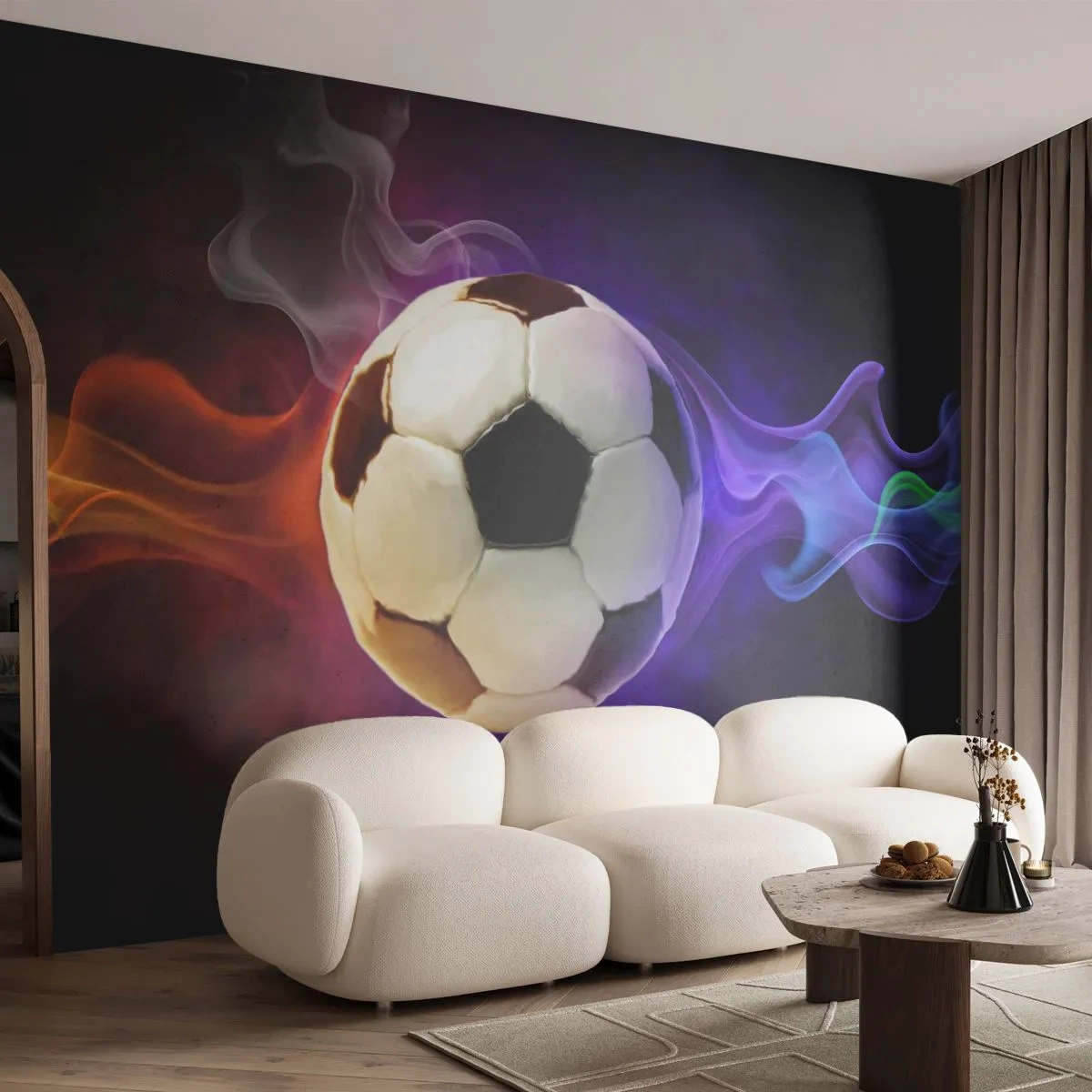 Fototapete Standard Eco - Ein Fußball, umgeben von bunten Lichteffekten - 100x70cm - Die magische Kraft des Spiels - Moderne Wanddekoration für Wohnzimmer und Schlafzimmer ARTTOR