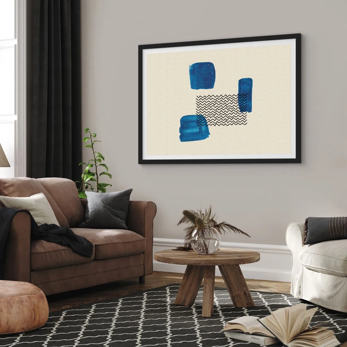 Poster in einem schwarzem Rahmen - Abstrakte Komposition mit blauen Flecken und Wellenlinien - 100x70cm - Ein abstraktes Quartett - Moderne Wanddekoration für Wohnzimmer und Schlafzimmer ARTTOR