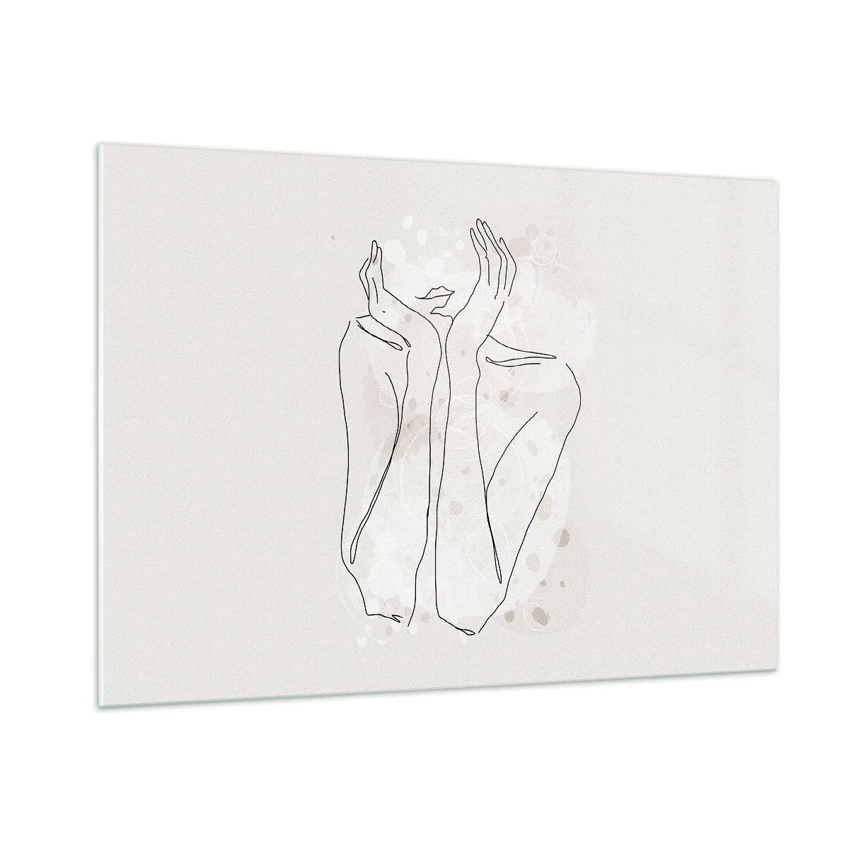 Glasbild - Bild auf glas - Eine minimalistische Skizze der Hände und Lippen einer Frau vor einem beigen Hintergrund. - 100x70cm - Ein träumerischer Moment - Moderne Wanddekoration für Wohnzimmer und Schlafzimmer ARTTOR