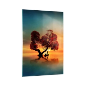 Glasbild - Bild auf glas - Ein rotblättriger Baum und ein Boot auf dem Wasser bei Sonnenuntergang - 70x100cm - Oddaysons und die Stille der Weltlosen - Moderne Wanddekoration für Wohnzimmer und Schlafzimmer ARTTOR