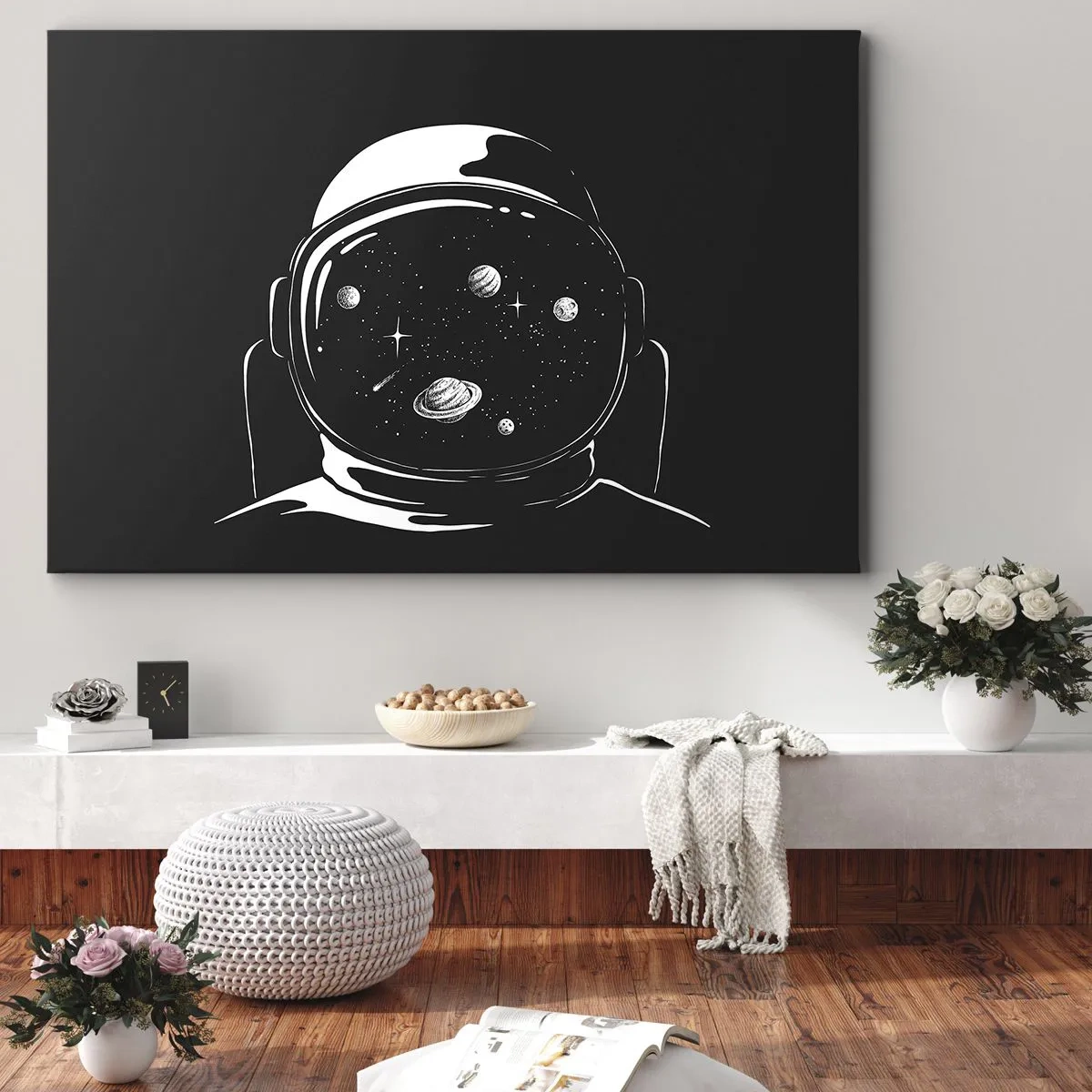 Bild auf Leinwand - Leinwandbild - Ein minimalistischer Astronautenhelm mit Blick ins Weltall - 120x80cm - Schöne Aussicht - Moderne Wanddekoration für Wohnzimmer und Schlafzimmer ARTTOR